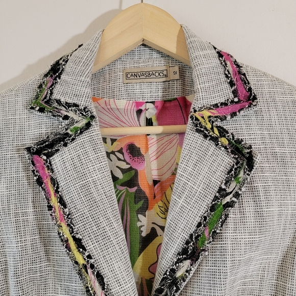 VTG Gray Tweed Single Breasted Blazer Sz 12 Silk Blend Colorful Trim Corporate - Picture 3 of 12
